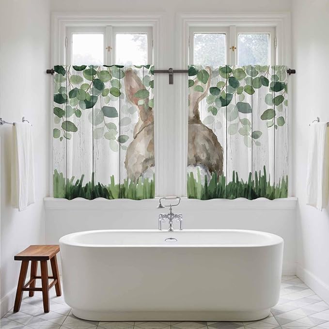 Easter Tier Curtains, Country Rabbit Botanical Leaves Wooden Grain Light - Image 5