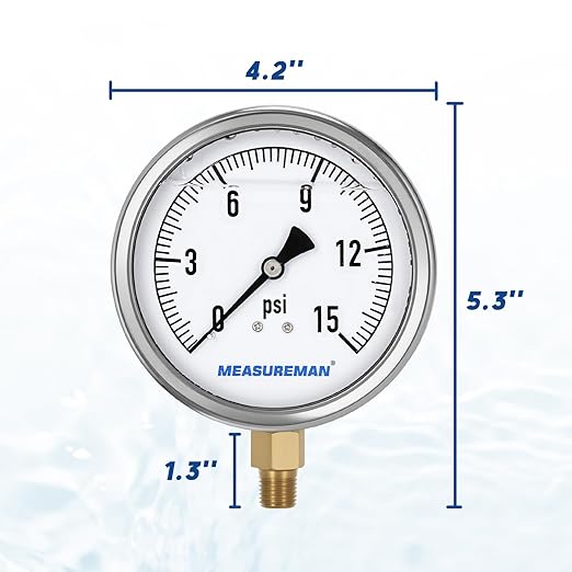MEASUREMAN Glycerin Filled Plumbing Pressure Gauge 0-15psi Stainless Steel Case - Image 6