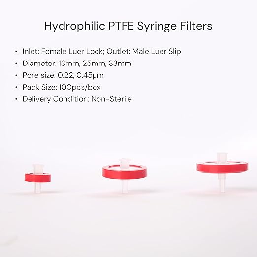 100 Pack Syringe Filter PTFE hydrophilic Lab Filters 0.45μm Pore Size 13mm - Image 2