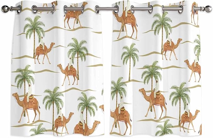 2 Panel Kitchen Cafe Curtains, Desert Camels Sunlight Filtering Nature Air by Hokiten