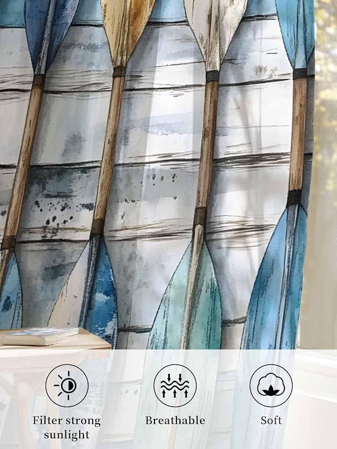Sheer Curtains 45 Inch Length, Lake Paddle Striped Semi Sheer Curtains Light - Image 6