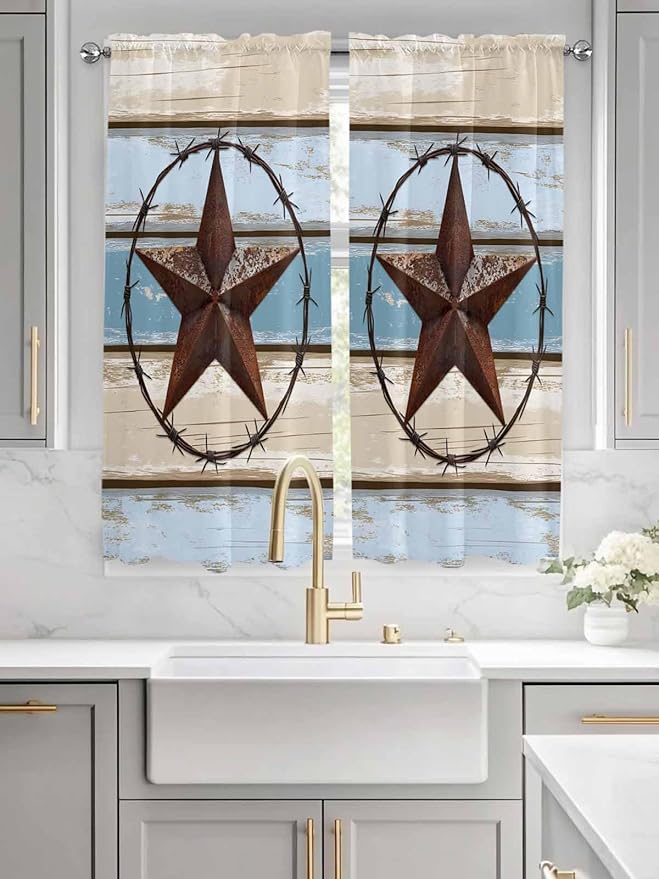 Vintage Western Star on Wood Grain Window Valance Curtains, Retro Wooden - Image 3