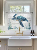 Sheer Curtains 45 Inch Length, Teal Green Ocean Turtle Semi Sheer Curtains - Image 3