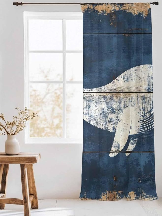 Sheer Curtains 84 Inches Long, Ocean Whale Blue Semi Sheer Curtains Light - Image 3