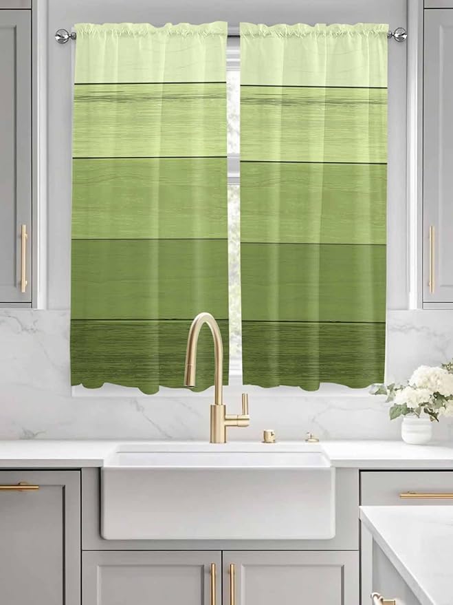 Gradient Green Wooden Board Window Valance Curtains, Retro Country Wood Grain - Image 3