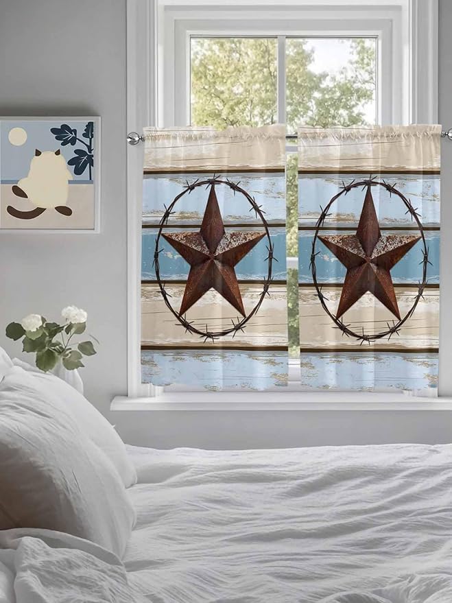 Vintage Western Star on Wood Grain Window Valance Curtains, Retro Wooden - Image 5