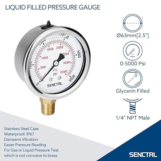 SENCTRL 5000 Psi Glycerin Liquid Filled Hydraulic High Pressure Gauge, 2.5" - Image 2