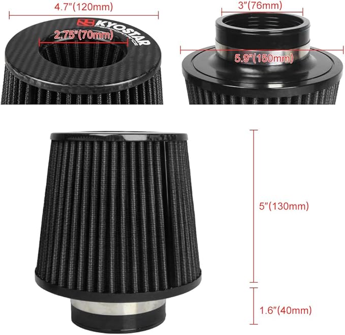 KYOSTAR Carbon Fiber 3" High-Flow Air Filter, Reusable Cone Cold Air Intake - Image 2