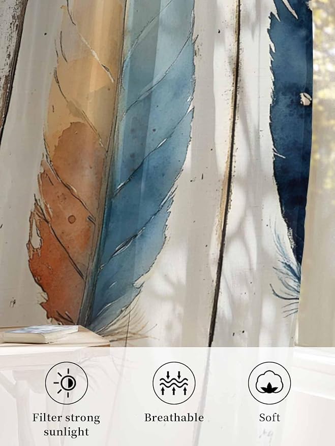 Sheer Curtains 96 Inches Long, Boho Ombre Vintage Wooden Grain Privacy Voile - Image 6