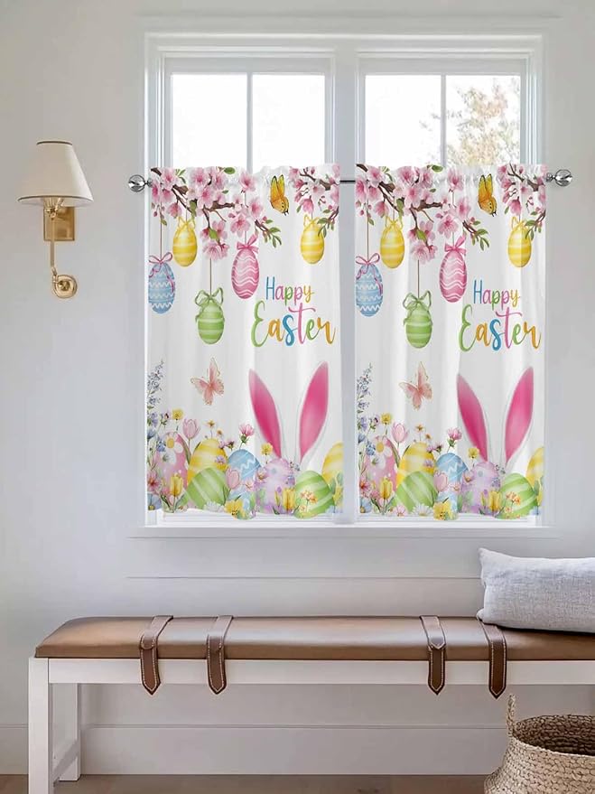 Happy Easter Kitchen Curtains 54 Inches Length, Spring Watercolor Bunny Eggs - Image 4