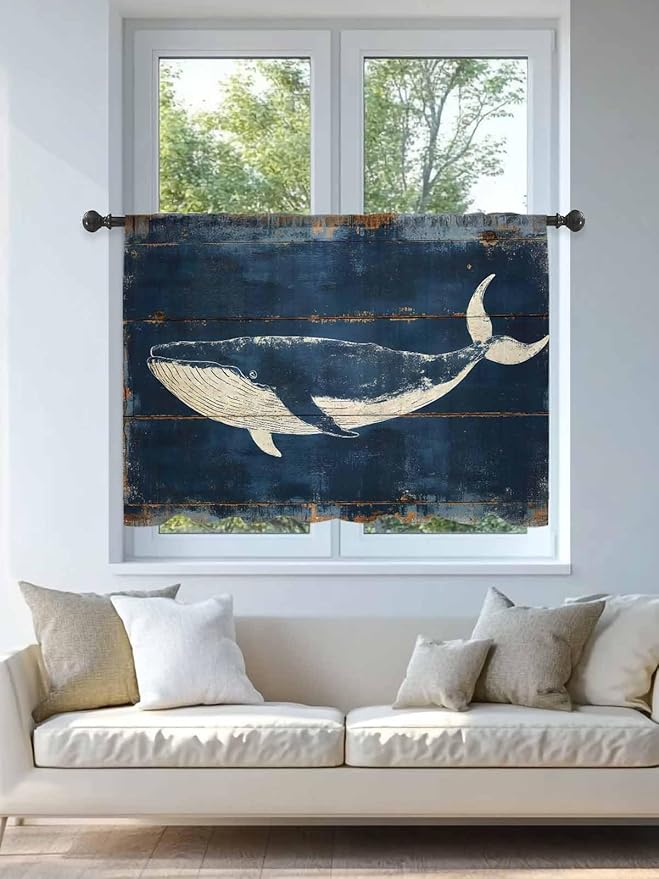 Sheer Curtains 54 Inch Length, Summer Whale Blue Semi Sheer Curtains Light - Image 4
