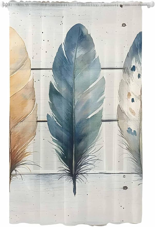 Sheer Curtains 96 Inches Long, Boho Blue Feathers Semi Sheer Curtains Light by Unknown