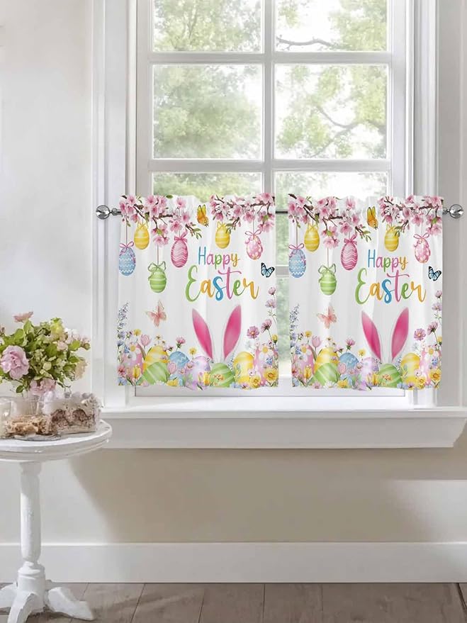 Happy Easter Half Window Curtains 24 Inches Long, Spring Watercolor Bunny Eggs - Image 7