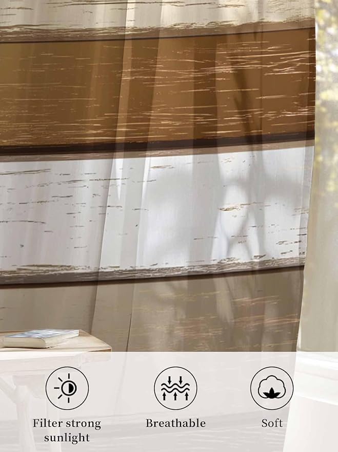 Sheer Curtains 54 Inch Length, Vintage Geometric Brown Semi Sheer Curtains - Image 6
