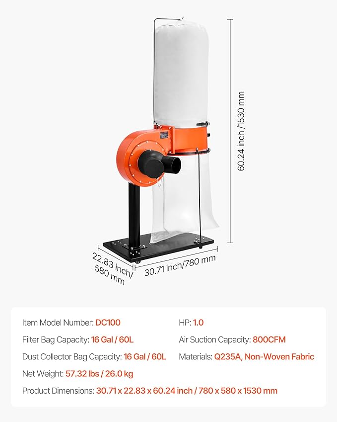 VEVOR Dust Collector, 800 CFM 2.5 Micron Vortex Cone Dust Collectors, 1HP - Image 7