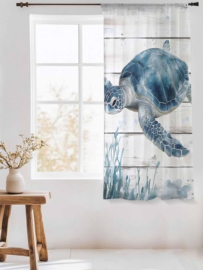 Sheer Curtains 63 Inch Length, Ocean Sea Turtle Semi Sheer Curtains Light - Image 3