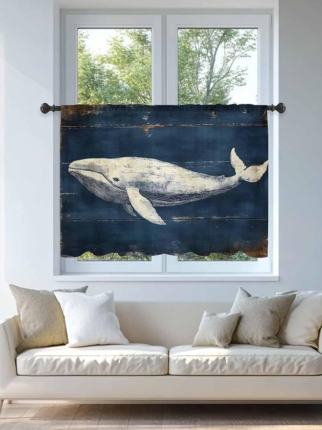 Sheer Curtains 45 Inch Length, Ocean Vintage Whale Semi Sheer Curtains Light - Image 4