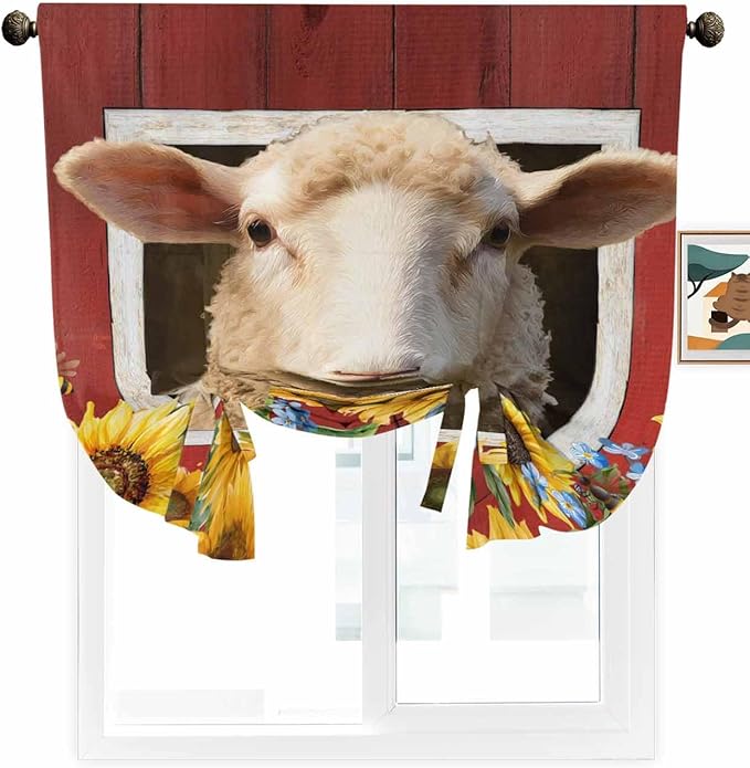 Tie Up Curtains for Windows, Sheep Sunflower Adjustable Balloon Nature Linen - Image 2