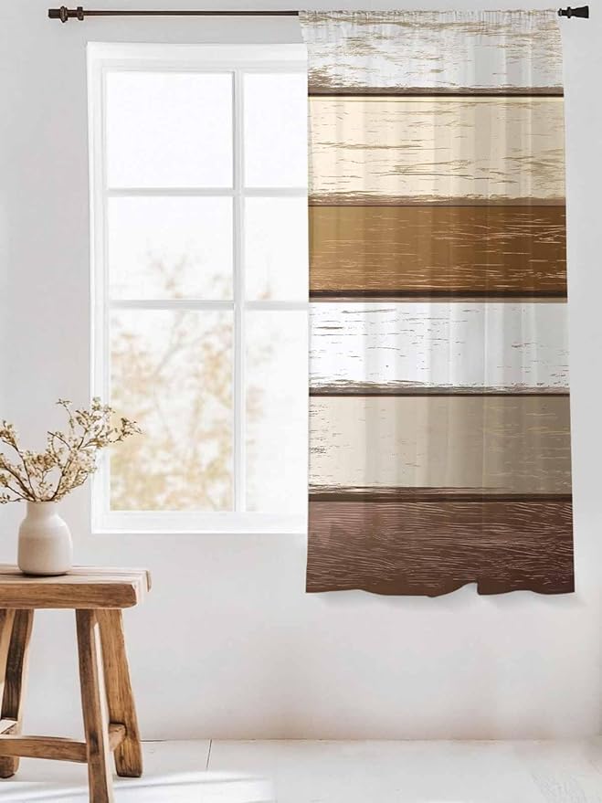 Sheer Curtains 72 Inches Long, Vintage Geometric Brown Semi Sheer Curtains - Image 3