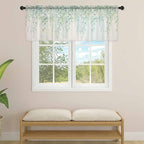 Green Leaf Sheer Valance Curtains, Eucalyptus Leaves Vintage Linen Texture - Image 4