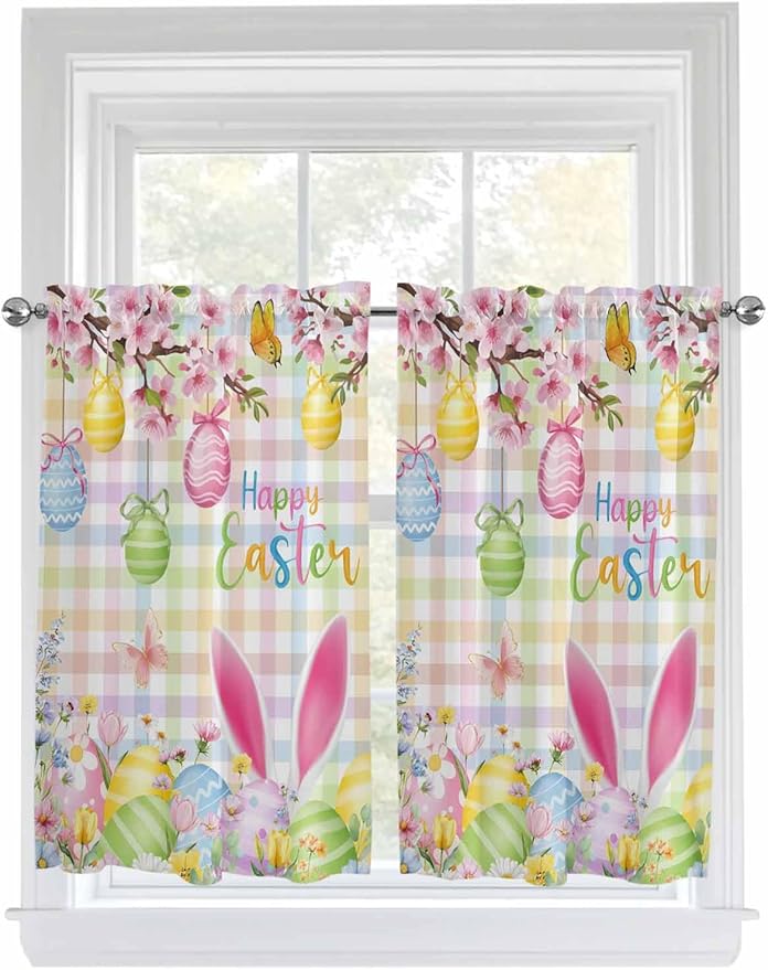 Happy Easter Kitchen Curtains 54 Inches Length, Spring Bunny Colorful Eggs by Unknown