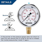 0-1000 Psi Glycerin Liquid Filled Hydraulic Pressure Gauge, 2.5" Dial Size - Image 4