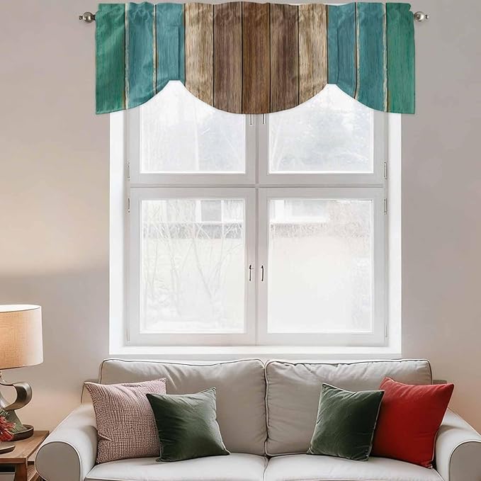 Teal Blue Brown Tie Up Valance Curtains - Image 3