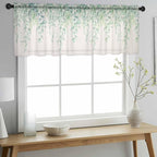 Green Leaf Sheer Valance Curtains, Eucalyptus Leaves Vintage Linen Texture - Image 3