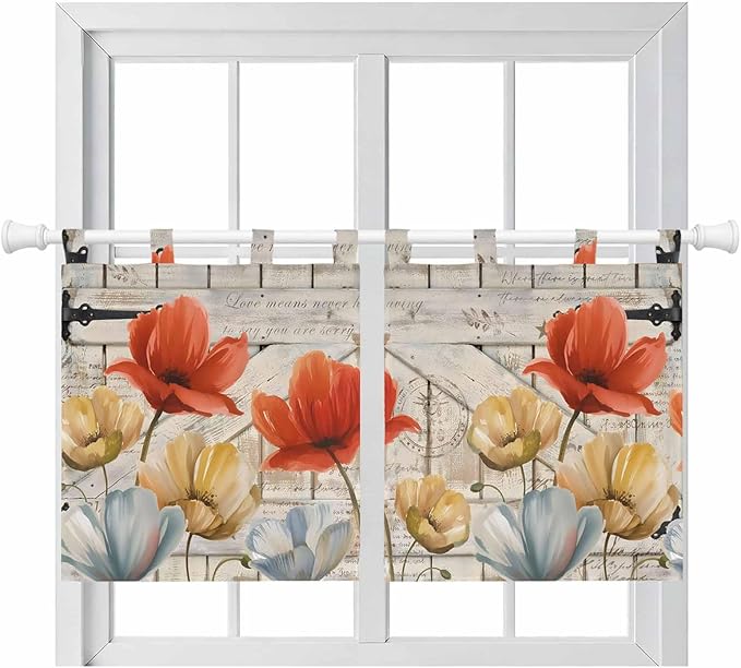Retro Floral Kitchen Curtains 36 Inch Length, Small Window Curtains Tab Top by Unknown