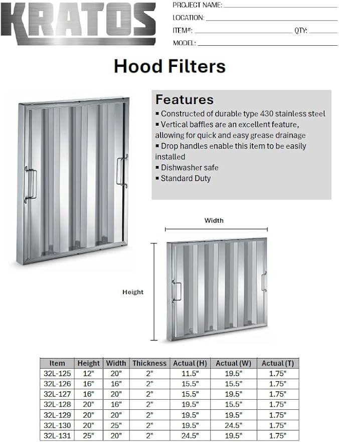Kratos Commercial Hood Filter 16" x 20" x 2", Stainless Steel - Image 2