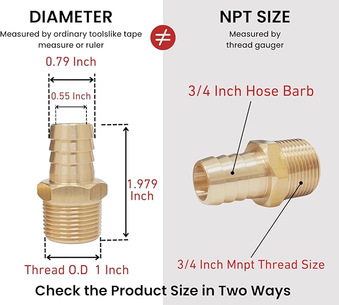 2pcs Brass Hose Barb Fitting, 3/4" Barb x 3/4" NPT Male, Adapter – Correct - Image 3