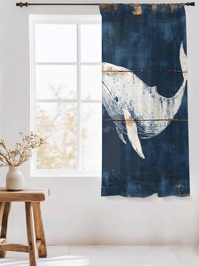 Sheer Curtains 63 Inch Length, Ocean Whale Blue Semi Sheer Curtains Light - Image 3