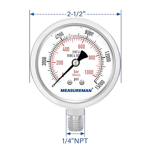 MEASUREMAN Fully Stainless Steel Hydraulic Glycerin Filled Pressure Gauge - Image 7