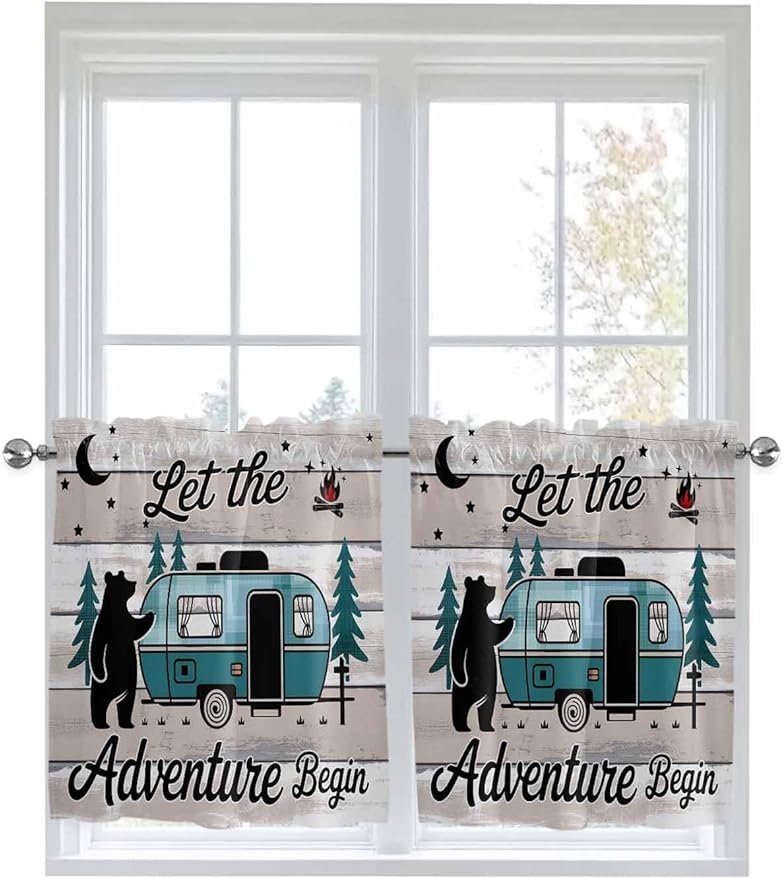Farmhouse Bear Camper Van Tree Window Valance Curtains, Vintage Wood Grain - Image 6