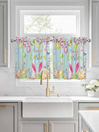 Happy Easter Half Window Curtain 36 Inches Long, Spring Bunny Eggs Flower Teal - Image 3