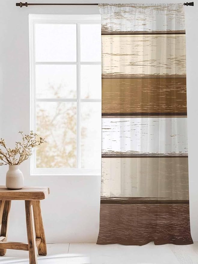 Sheer Curtains 108 Inches Long, Vintage Geometric Brown Semi Sheer Curtains - Image 3