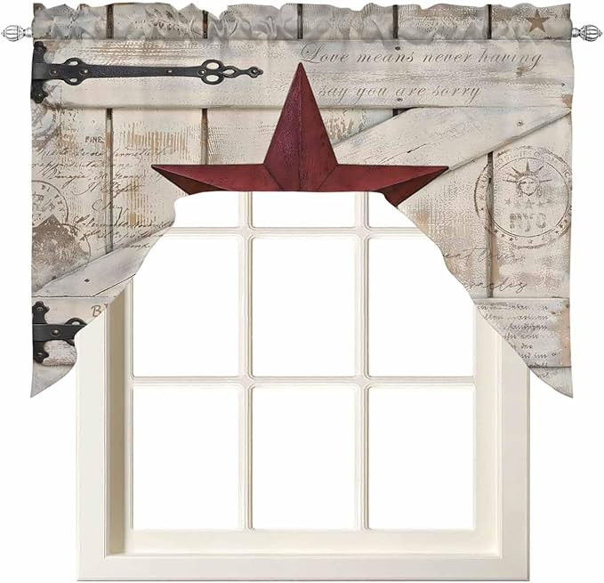 Village Stars Swag Kitchen Curtains Valance and Tier Set, Vintage Dark Red Star by Unknown