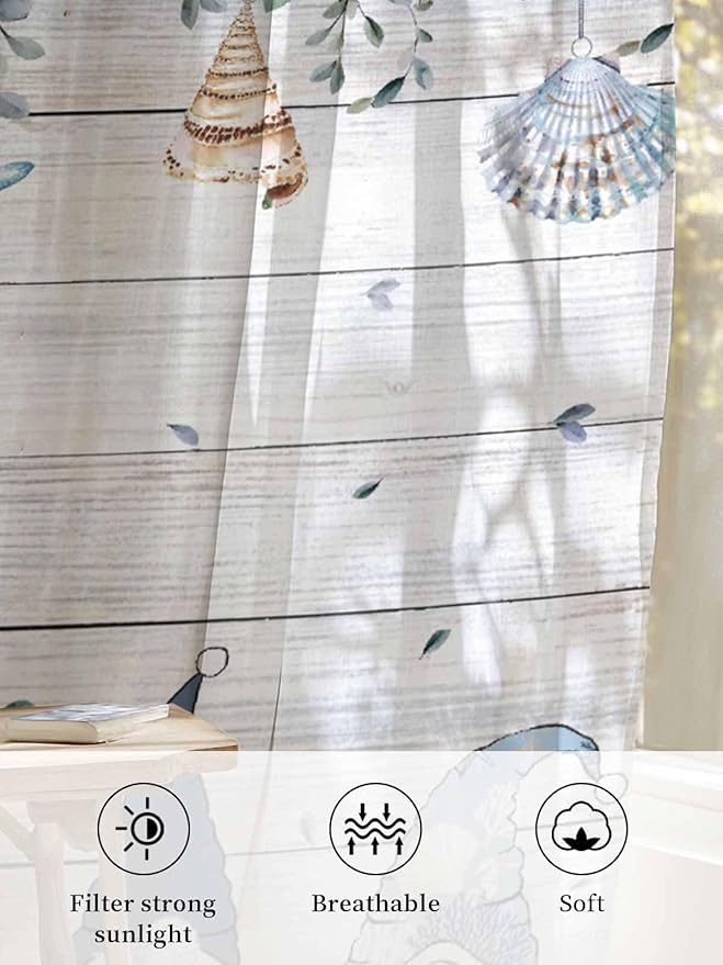 Sheer Curtains 54 Inch Length, Coastal Eucalyptus Leaf Semi Sheer Curtains - Image 6