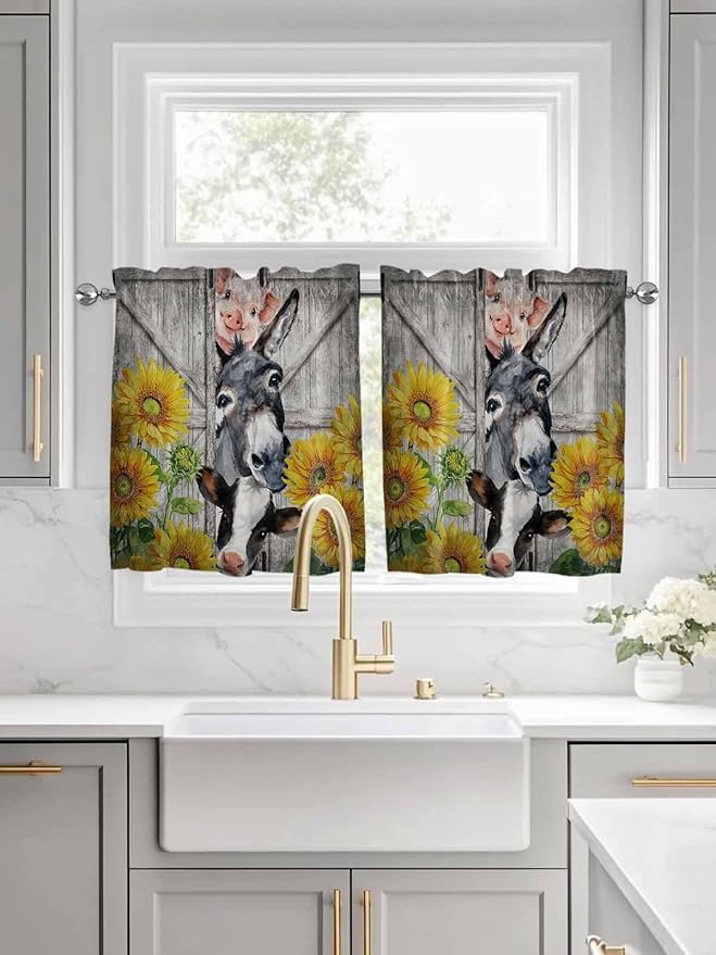 Farmhouse Half Window Curtain 36 Inches Long, Vintage Sunflowers Animals - Image 3