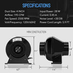 iPower 4 Inch 195 CFM Inline Fan Vent Blower, Upgrade Air Carbon Filter - Image 5