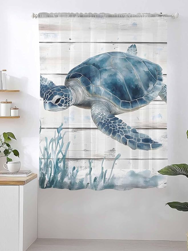 Sheer Curtains 63 Inch Length, Ocean Sea Turtle Semi Sheer Curtains Light - Image 2