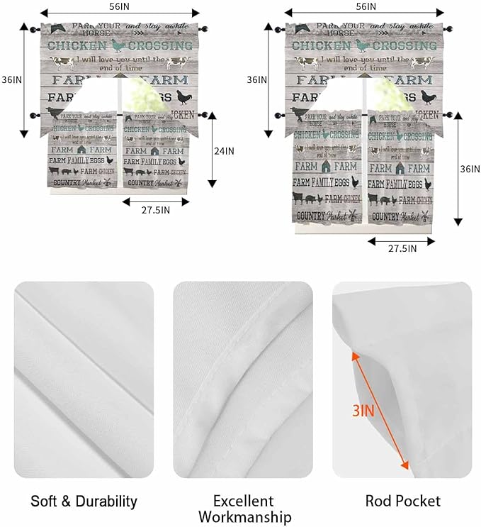 Farmhouse Swag Kitchen Curtains Valance and Tier Set, Rod Pocket Short Curtain - Image 6