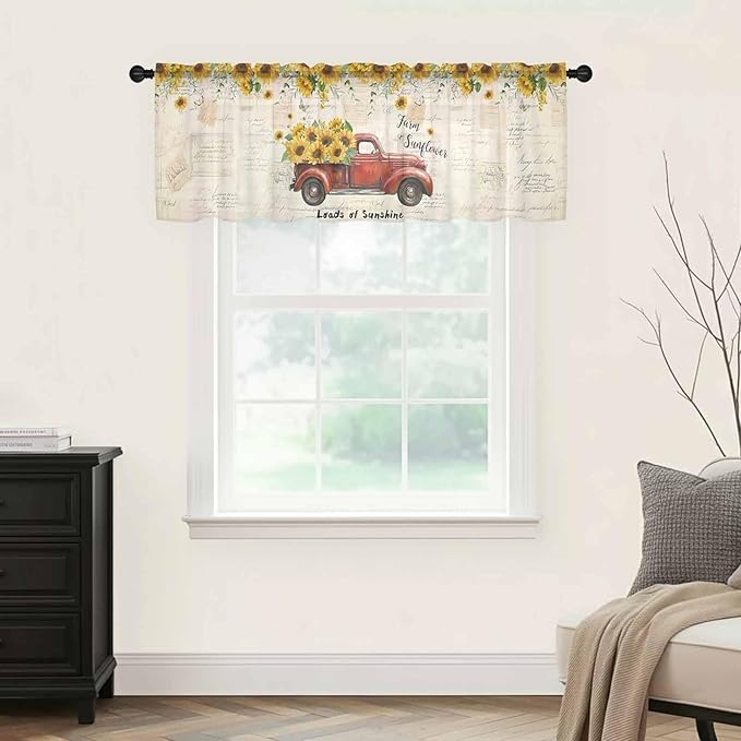Farmhouses Sunflowers Sheer Valance Curtains, Retro Floral Leaves Red Truck - Image 5