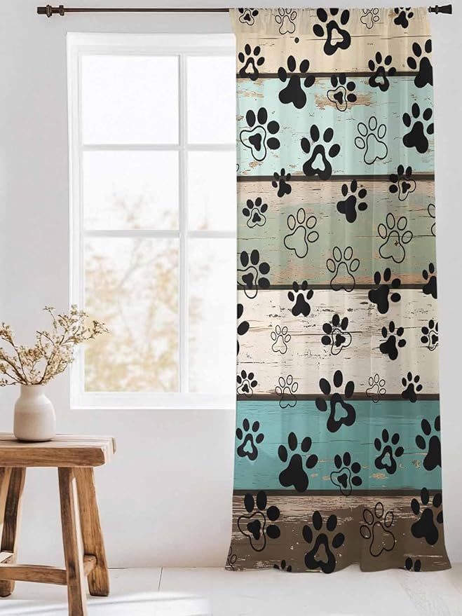 Sheer Curtains 84 Inches Long, Sage Green Brown Paw Prints Semi Sheer Curtains - Image 3