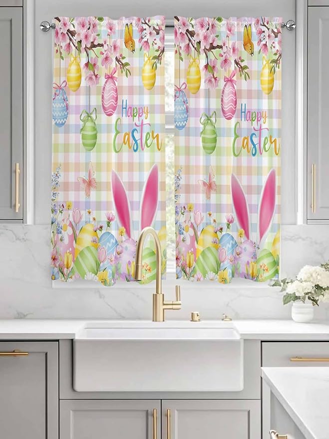 Happy Easter Bedroom Curtains 63 Inches length, Spring Bunny Colorful Eggs - Image 3