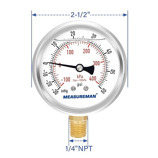 MEASUREMAN 2-1/2" Dial Size, Glycerin Filled Pressure Gauge, 30inHG-60psi - Image 7