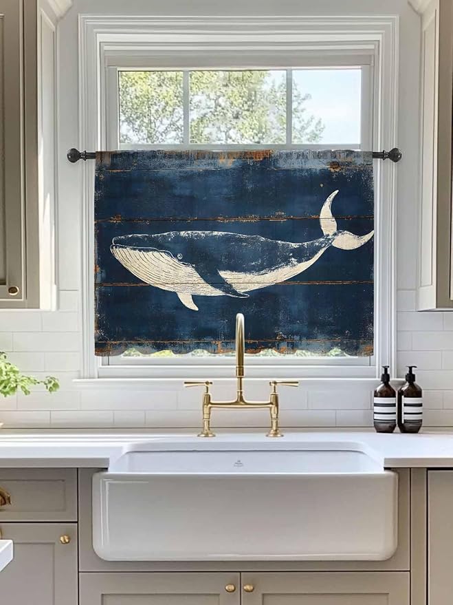 Sheer Curtains 45 Inch Length, Summer Whale Blue Semi Sheer Curtains Light - Image 3