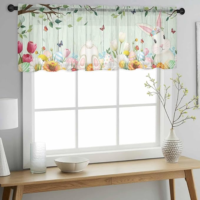 Easter Sheer Valances for Windows 54"x18", Light Filtering Kitchen Curtains - Image 2