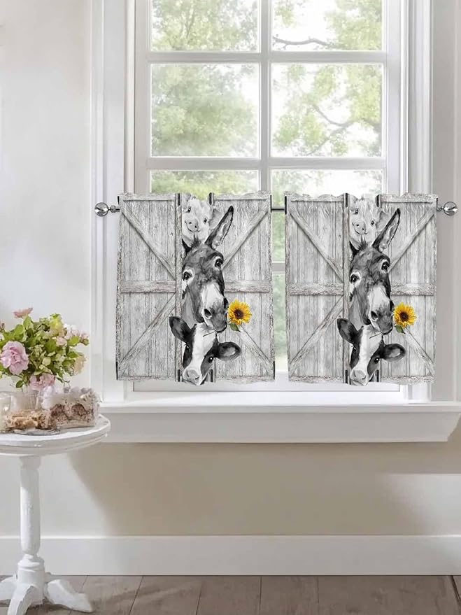 Grey Farmhouse Half Window Curtain 36 Inches Long, Vintage Sunflowers Animals - Image 7
