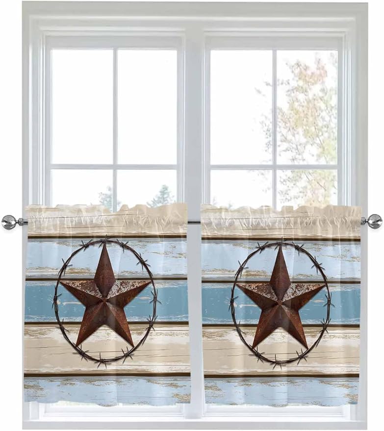 Vintage Western Star on Wood Grain Window Valance Curtains, Retro Wooden - Image 6